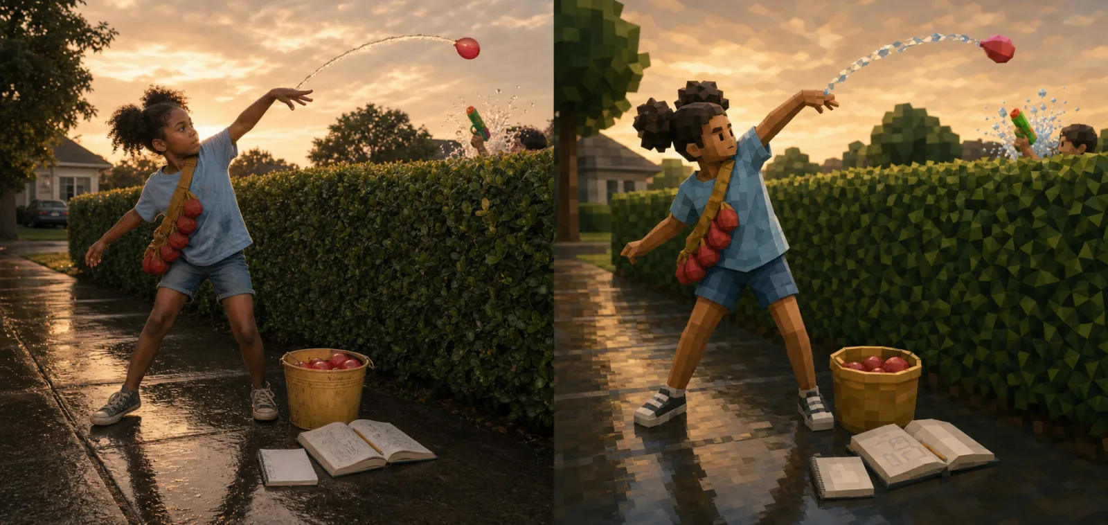 Paired high-fidelity and low-poly study of the young Balloon Chucker executing a measured overhand throw that arcs above a tall hedge, with her organized sash, pail, science book, and notebook nearby.