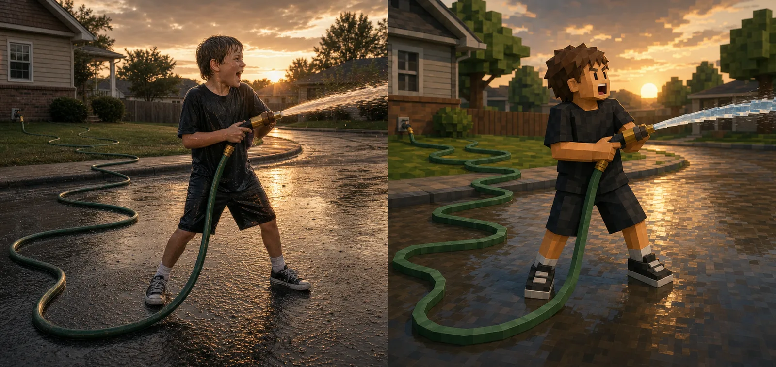 Paired study of the Hose Kid planted in a wet cul-de-sac firing one long continuous stream, with fifty feet of dark green hose curving away behind him to a brass spigot at a distant house.