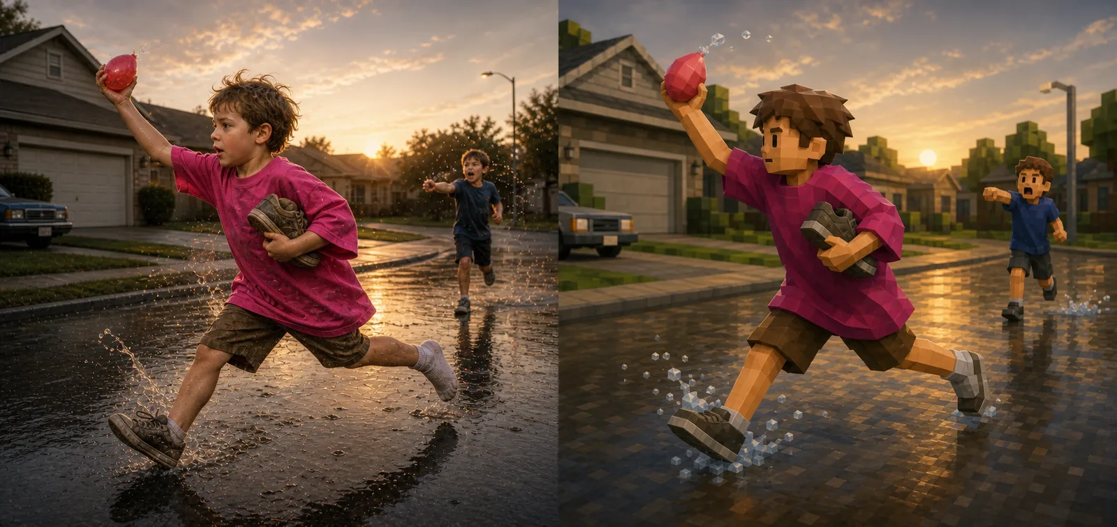 Paired study of a six-year-old at a flat-out sprint scooping a red water balloon off wet pavement without breaking stride, his oversized fuchsia hand-me-down streaming behind him while a kid far down the street shouts after him.