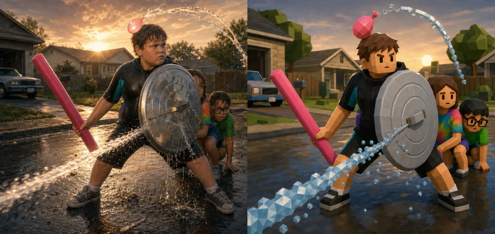 Paired high-fidelity and low-poly study of the originating Pool Noodle Paladin bracing behind a garbage-can-lid shield while a balloon arcs overhead.