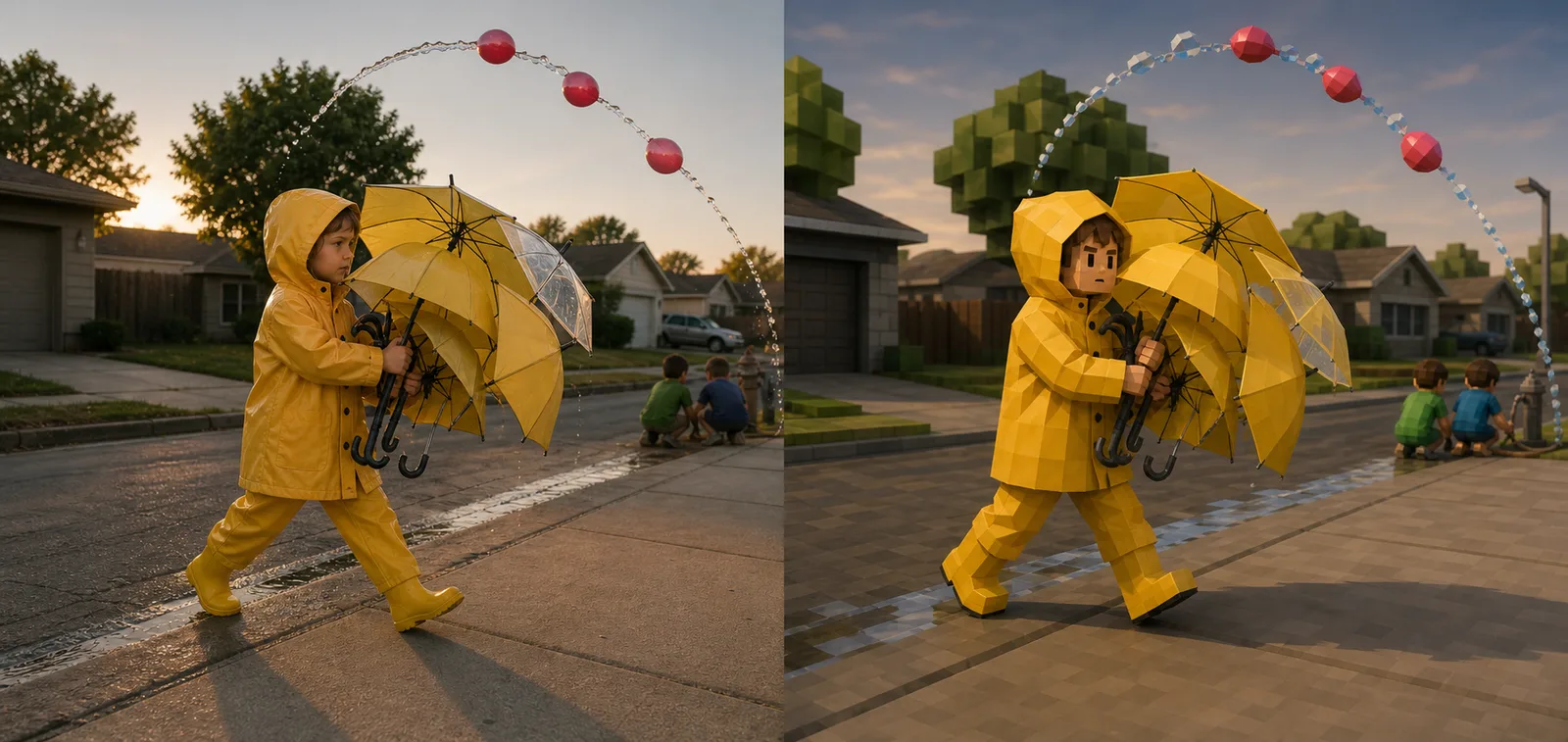 Paired study of a six-year-old in full yellow rain gear walking an armful of five open umbrellas onto empty suburban pavement while three red water balloons are still at the top of their arc overhead.