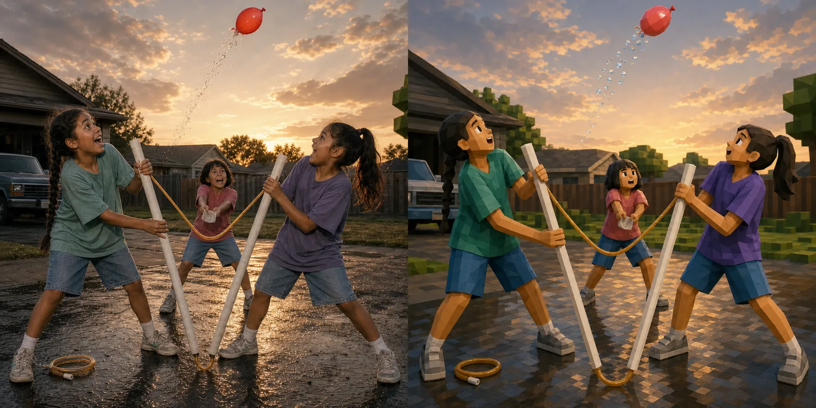 Paired high-fidelity and low-poly study of three ten-year-old girls on a driveway working one launcher together — two bracing white PVC pipes against their hips, the lightest leaning her whole weight back on the drawn amber tubing — all three looking up and laughing at a red balloon already high above a distant roofline.