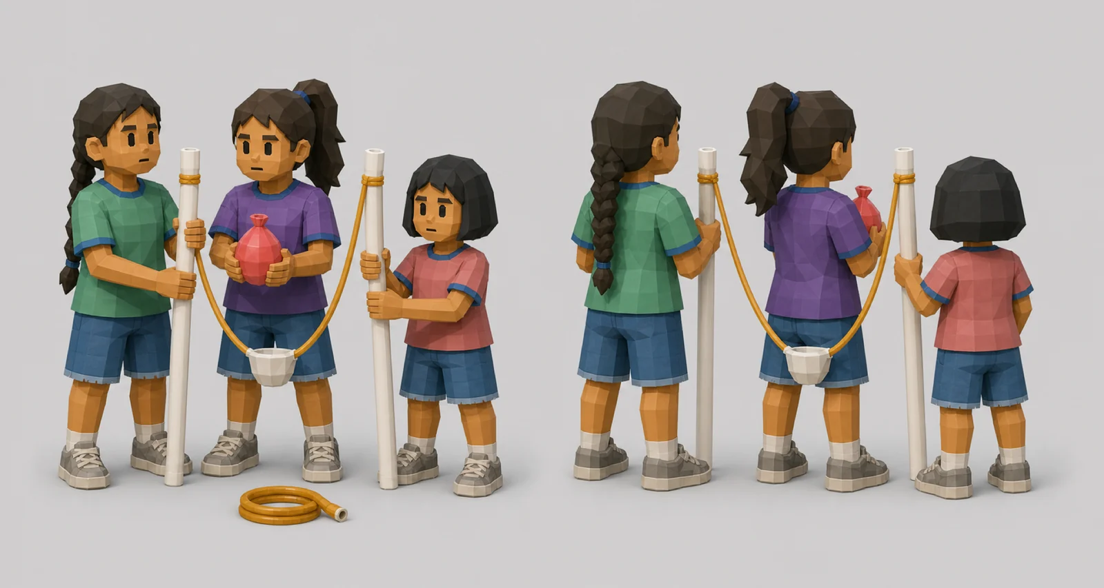 The three girls of the Slingshot Crew from the front and from the back with their launcher, in the low-poly toy-soldier style — a sunset reference for a concept marked likely-cut.