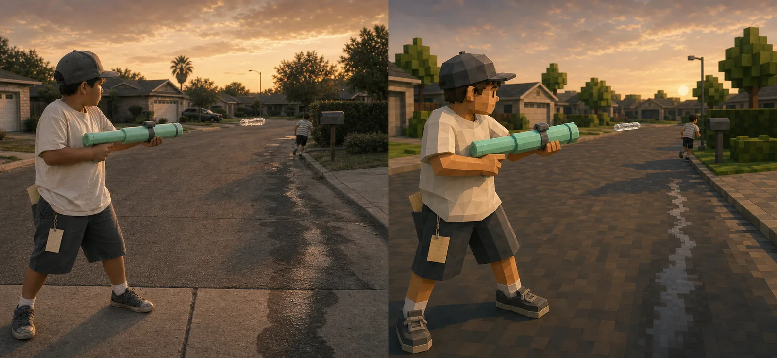 Paired study of the Suction Blaster standing square on an empty cul-de-sac with his mint foam pump blaster level in both hands, one compact bolt of water crossing the street toward a distant kid, and older dark wet marks on the pavement along the same line.
