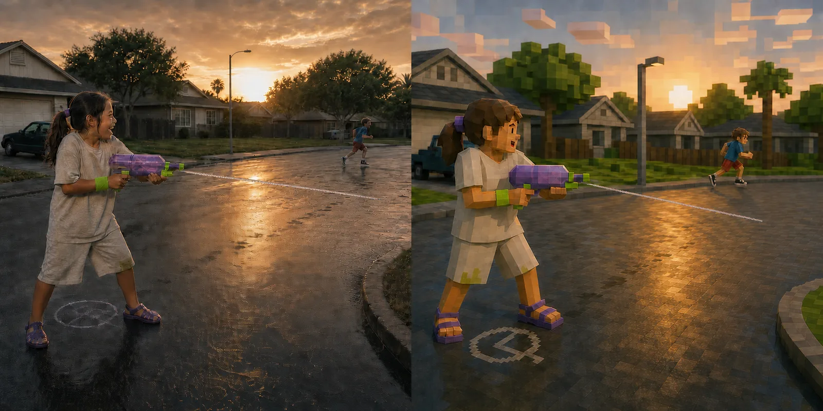 Paired study of the Super Soaker planted mid-street with a flat sustained water stream held level and aimed at the pavement ahead of a kid who has just changed direction, her own wet footprints leading back to an empty chalk-marked spot behind her.