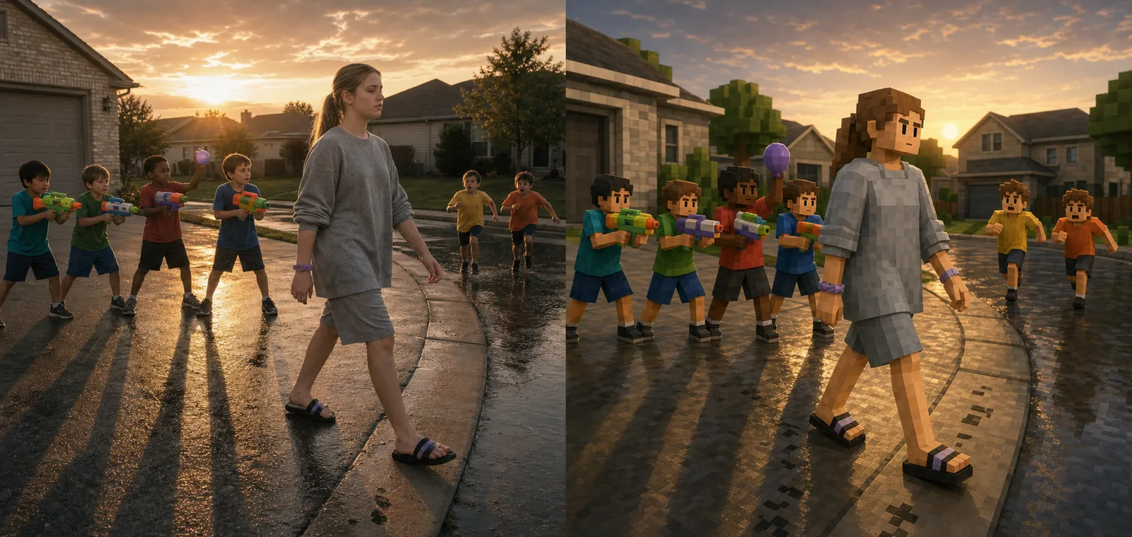 Paired study of the Big Kid walking through a defended cul-de-sac corner on the dry inside line with both hands empty, the four kids' line still standing behind her while two sprinting kids remain a body length back.