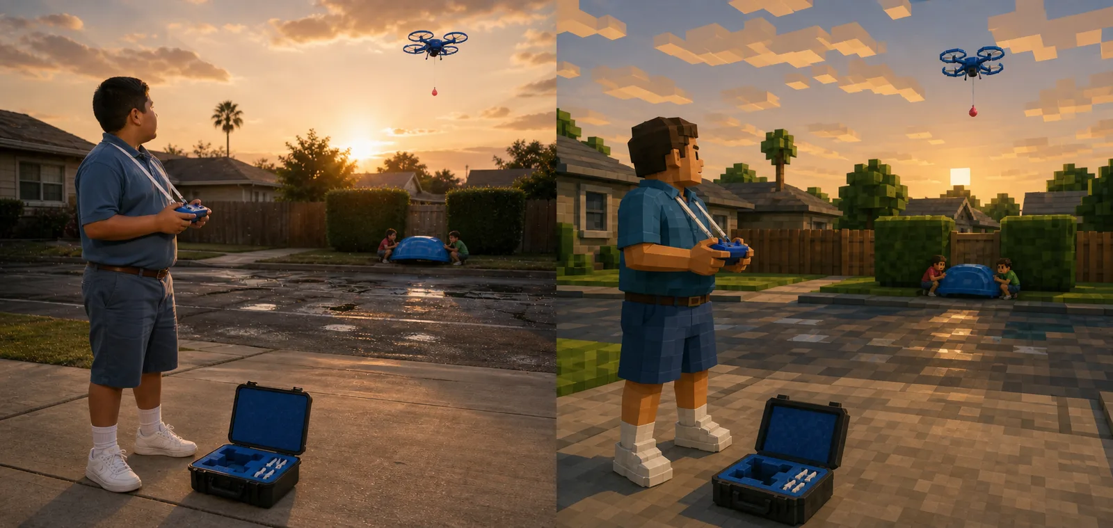 Paired study of the Wizard working a controller with both thumbs while his cobalt quadcopter holds station over a distant roofline and releases one water balloon through a gap in the hedges, with empty dry pavement all around him.