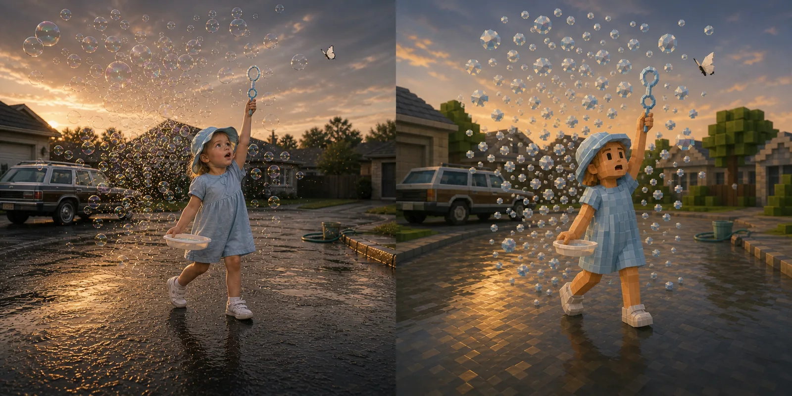 Paired study of a four-year-old walking down a wet suburban street with a bubble wand held straight up over her head, watching a butterfly while an iridescent cloud of bubbles builds behind her unnoticed.