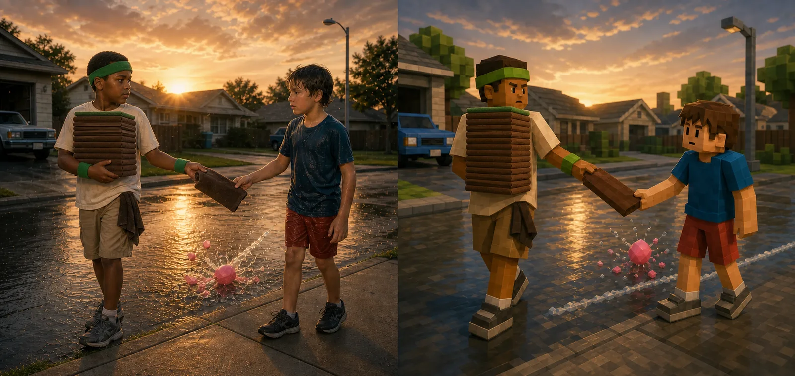 Paired study of Dry Towels holding out one folded brown towel and a green wristband to a wet kid standing on the sidewalk, his stack of towels squared in his other arm and his eyes already on the far end of the street.