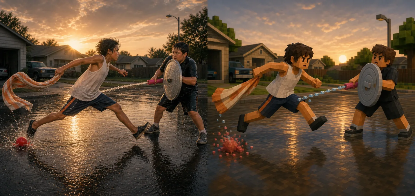 Paired high-fidelity and low-poly study of the Towel Snapper charging past crossing water fire toward a braced Paladin, with no shield or protection between him and the counterattack.