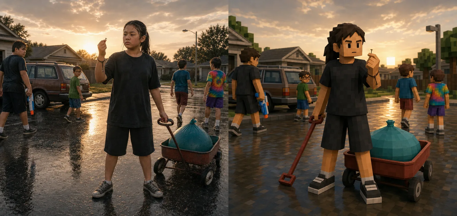 Paired study of a twelve-year-old girl standing still in the middle of a wet cul-de-sac with a red wagon and one huge teal balloon behind her, her thumb resting on a brass thumbtack tied to her wrist while the other kids quietly move off the pavement.