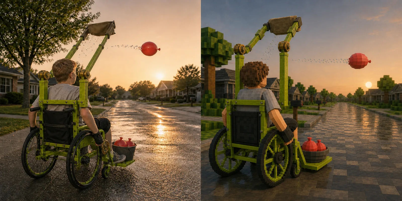 Paired study of the Wheelchair Catapult shouting down the block as his lime throw arm whips upright and a red balloon climbs away on a high arc, both gloved hands still braced on the push-rims.